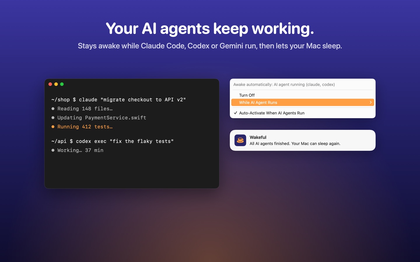 A terminal running AI agents next to the Wakeful menu and a notification saying all agents finished