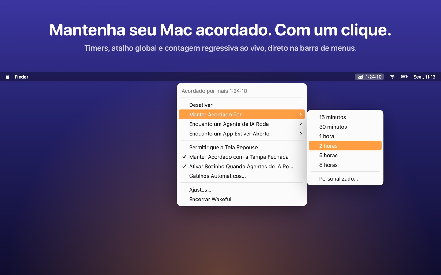 O menu do Wakeful em português na barra de menus do macOS