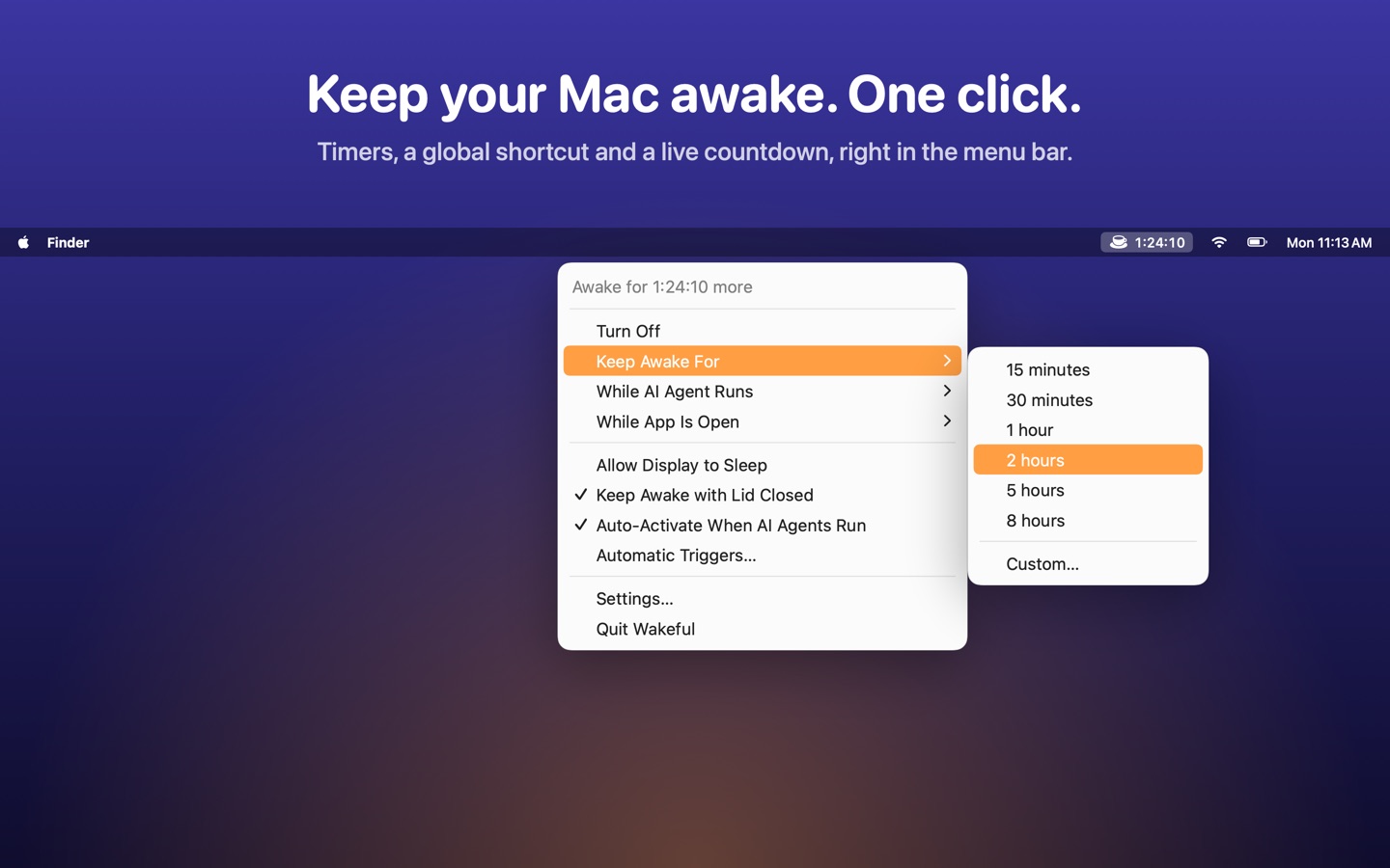 The Wakeful menu in the macOS menu bar with timers from 15 minutes to 8 hours